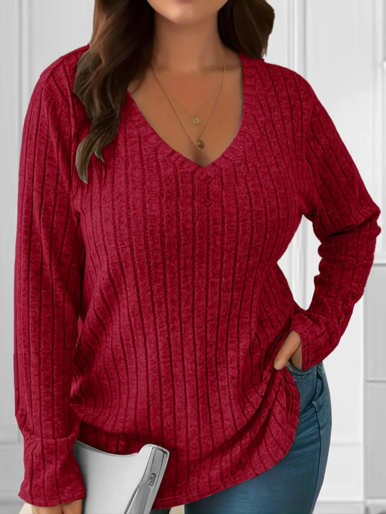 【plus Size】 Solid Color V Neck Ribbed Sweater, Casual Long Sleeve T-shirt for Fall & Winter, Women's Longsleeves Knitwear for Daily Wear, Womenswear
