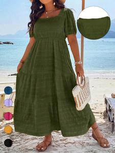 【Talla Grande】Vestido línea A con textura y fruncido, manga abullonada y escote cuadrado, Vestido boho cómodo y suave de manga corta para verano, Ropa de mujer para uso diario