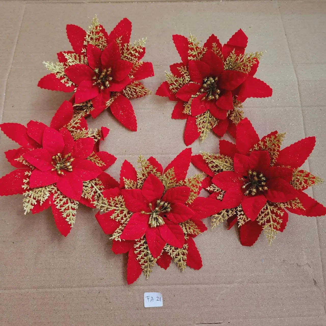 Bunga Poinsetia Kastuba Glitter Dekorasi Parcel Hampers Natal Merry Christmas Merah Gold Silver