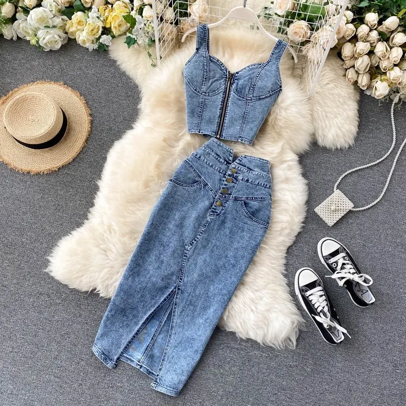 Denim 2 Piece Set Women Korean Outfits Summer Top and Skirt Two Piece Set  Elegant 2024 Fashion Midi Skirt New in Matching Clothing Womenswear