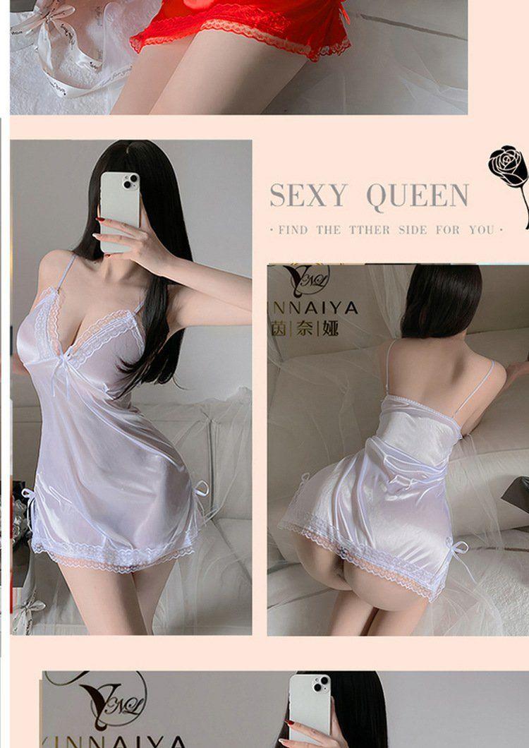 Product Introduction of Sexy Pajamas for Women Ice Silk Strap Night Dress Pure Desire Bow Lace Nightgown New Abstinence Series Suit 5