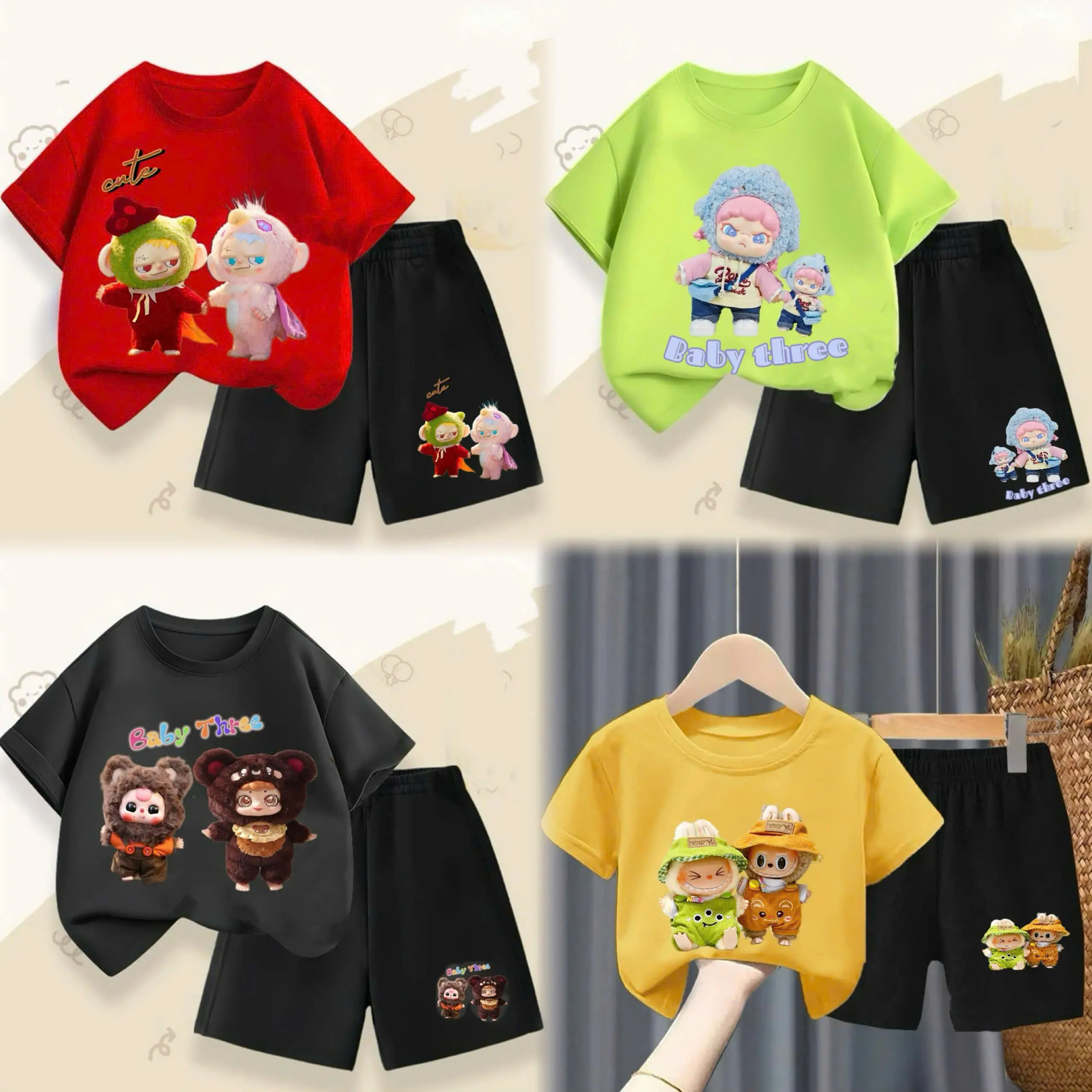 [size2-9] Bộ Quần Áo Mùa Hè Cho Bé Trai và Bé Gái Size 8-50kg In Hình BABY THREE - LABUBU 4 Màu Sạch Sẽ Chất Vải Co giãn Thoáng Mát - Mát Mẻ