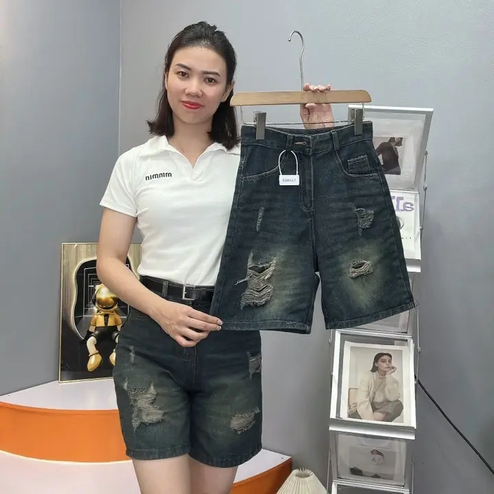 quần ngố bò thêu min min rách Jean ngố thêu ngố cạp cao ngố rách ngố suông Nữ 6