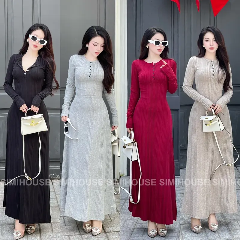 VÁY BODY LEN ĐŨA BÔNG TAY DÀI DÁNG XOÈ / Đầm body len bông TAY DÀI Form xoè che khuyết điểm Dress Women Cổ Trụ 0