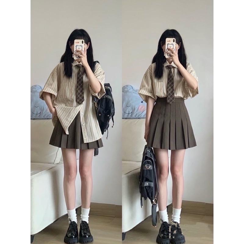 SET ÁO SƠ MI KẺ + CHÂN VÁY TENNIS + CÀ VẠT KẺ