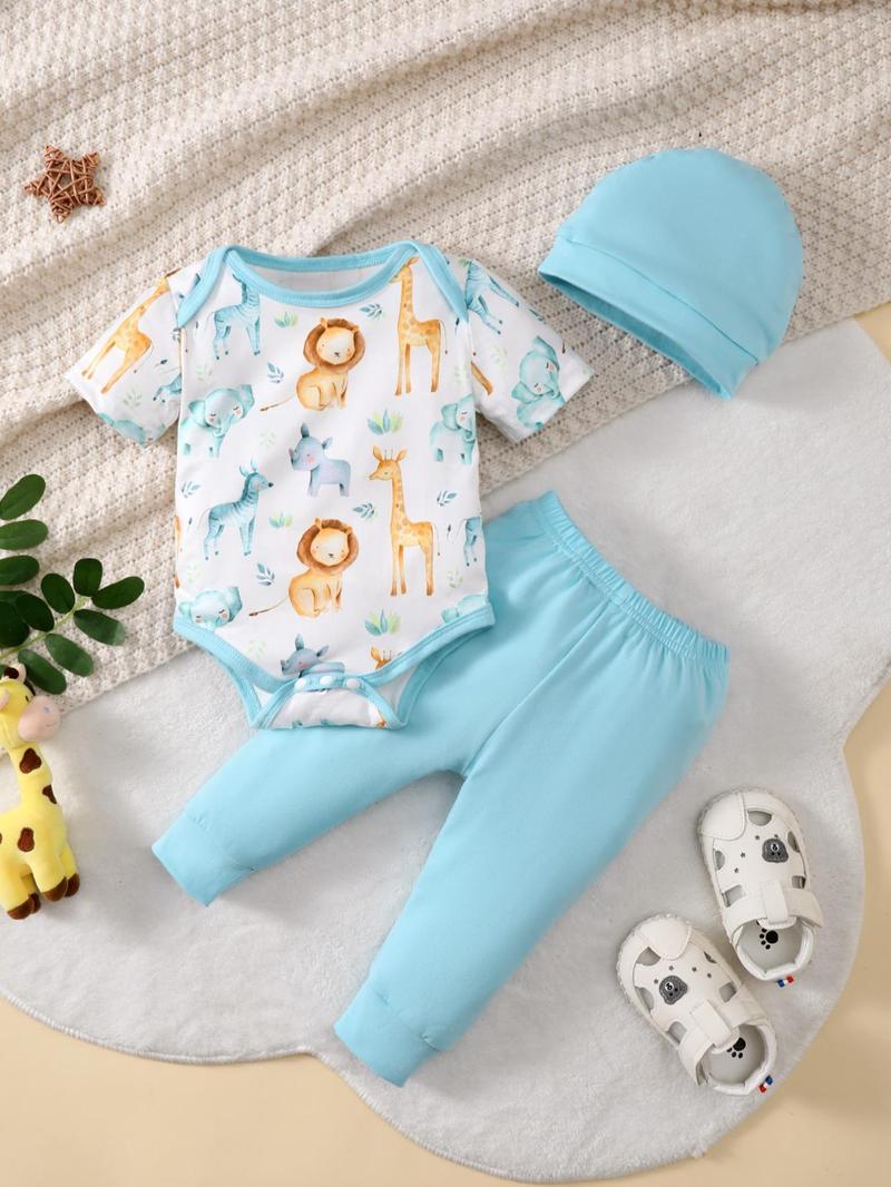 Product Introduction of Two-Piece Set Newborn Infant Baby Boys Outfits, Cute Cartoon Animal Print Short Sleeve Contrast Binding Bodysuit & Pants & Hat Set, Infant Kids Clothes for Daily Wear 1