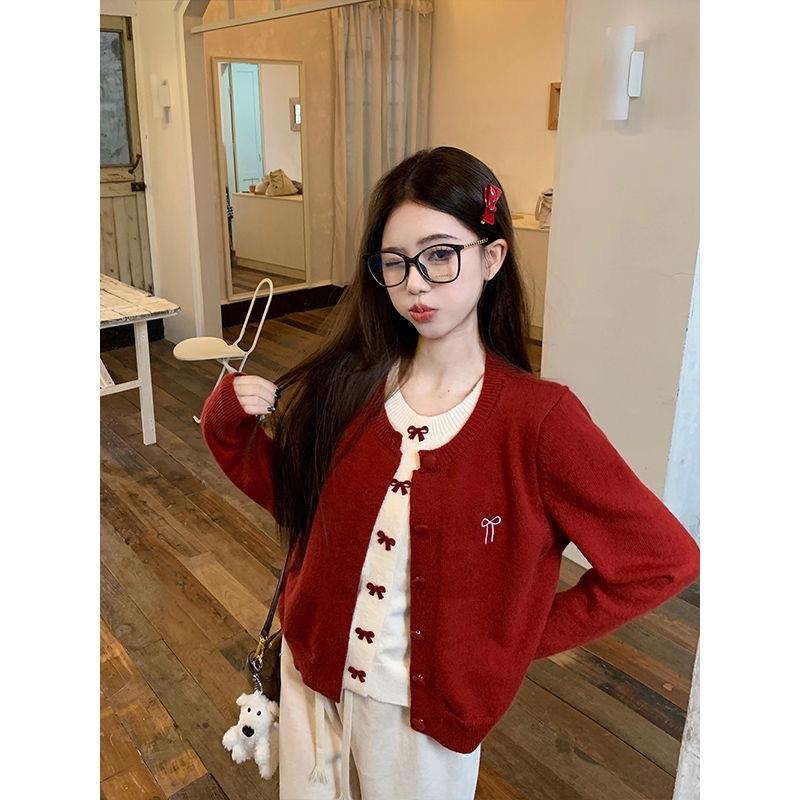  Áo len cardigan thêu nơ dệt kim màu đỏ hot hit 2024 cho nữ hàng QCCC-TD123 