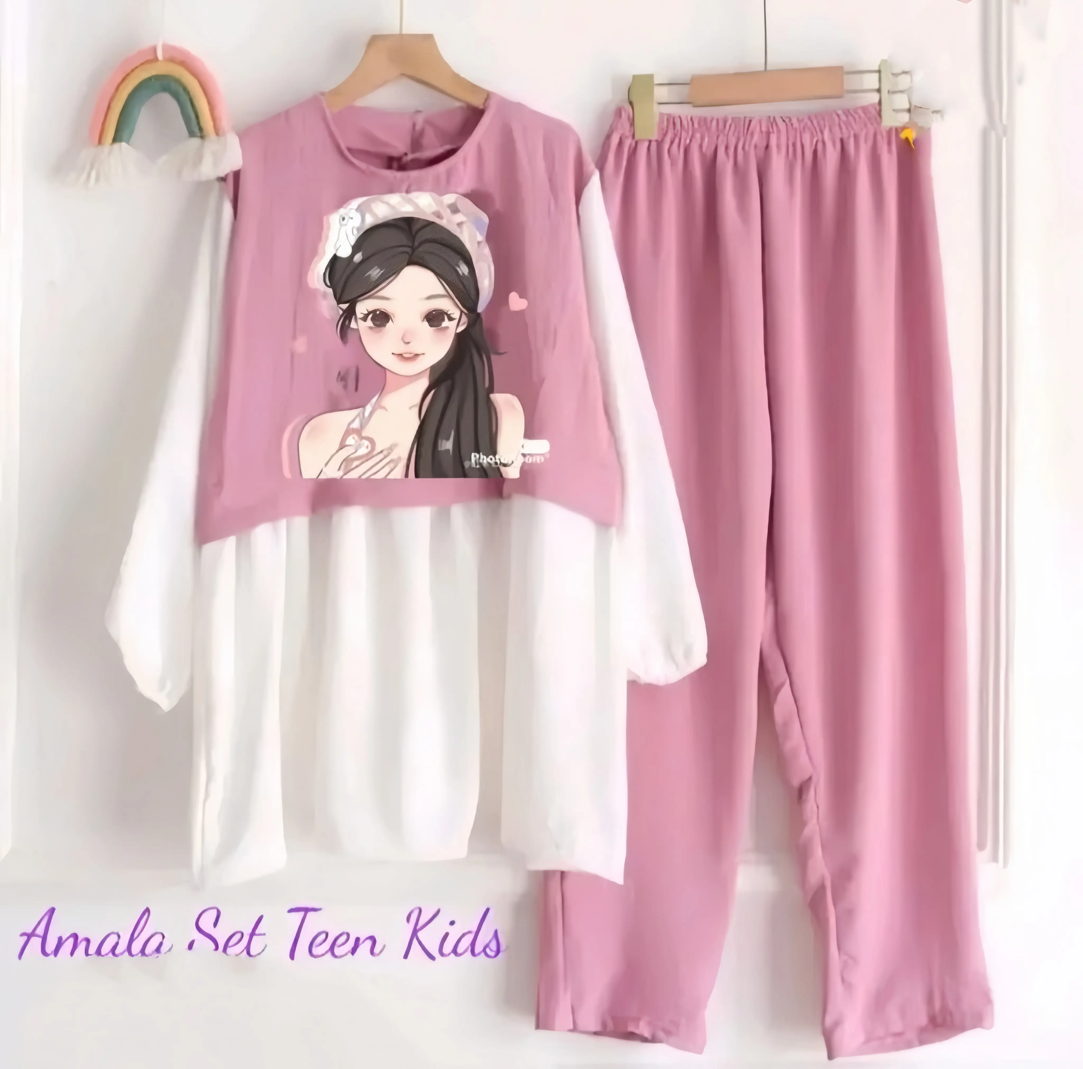 stelan anak terbaru viral crinkle airflow import usia 3 tahun sampai 12 tahun baju anak amala set kids terbaru 2023 Lengan panjang Polos Setrip Celana Lengan panjang Fashion