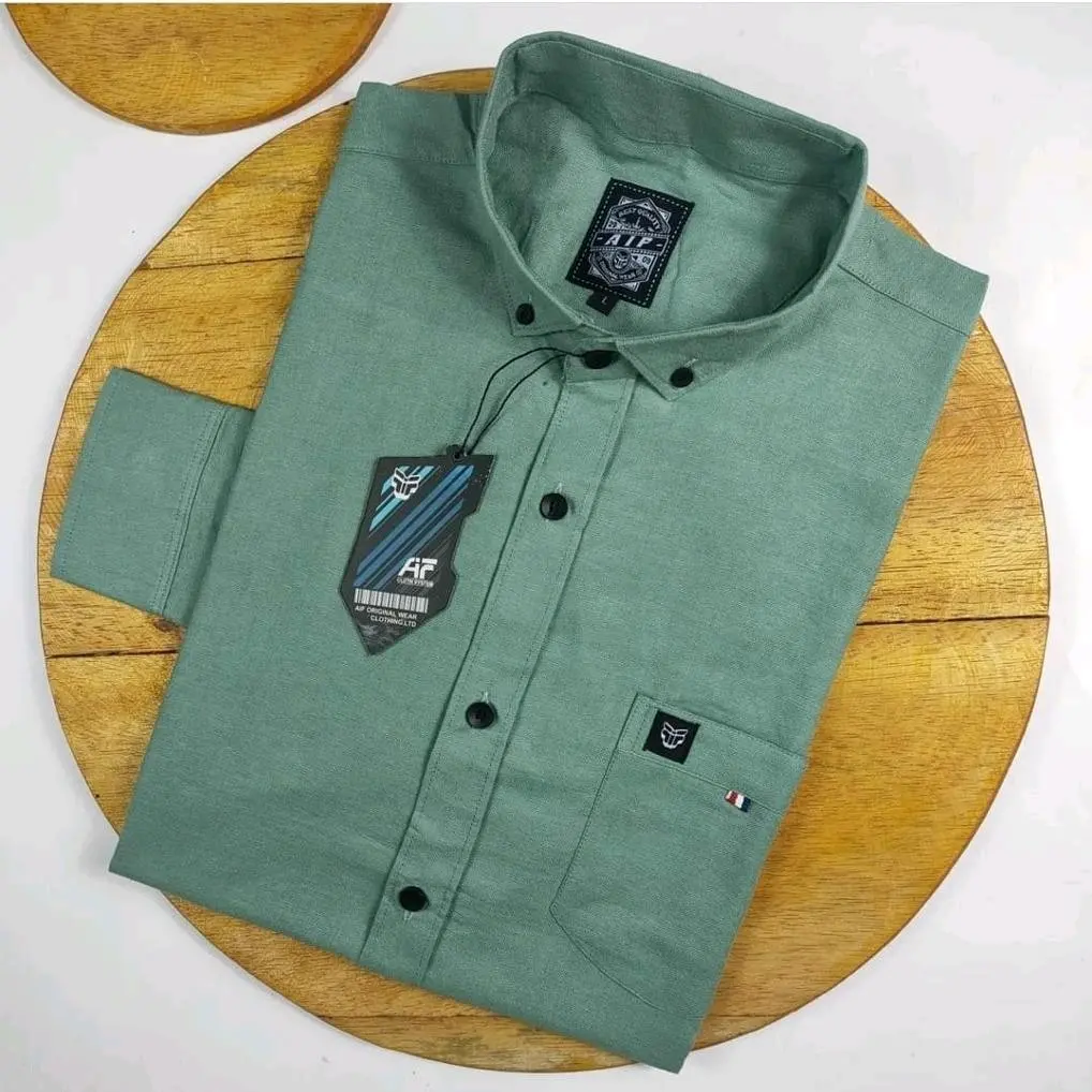 Kemeja polos pria lengan panjang bahan katun rami dan katun poplin model slimfit Casual