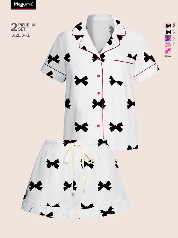 Women's Bow Print Lapel Shirt & Shorts Pyjama Set, Casual Comfy Short Sleeve Pocket Top & Shorts Set, Ladies Sleepwear for All Seasons 6