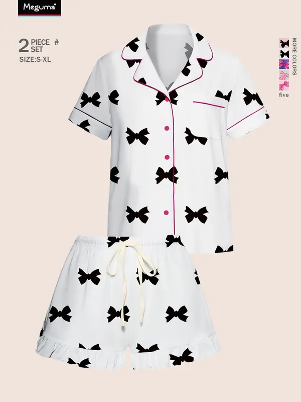 Women's Bow Print Lapel Shirt & Shorts Pyjama Set, Casual Comfy Short Sleeve Pocket Top & Shorts Set, Ladies Sleepwear for All Seasons 6