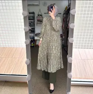 Setelan Khanza Plisket Etnic Oneset Midi Long Tunik Silk Celana Cringkle Premium Busui Freindly Jumbo