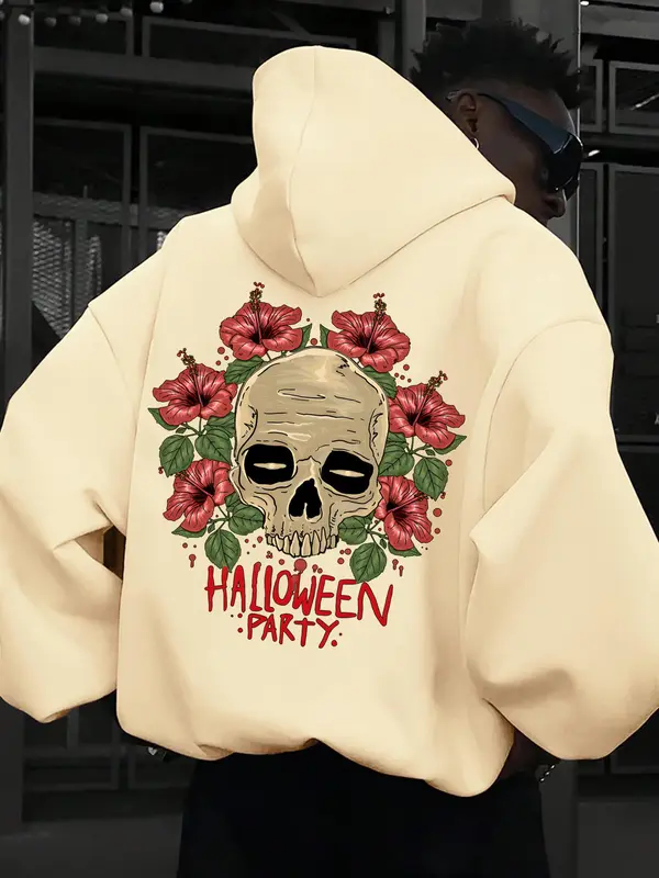 Men's Skull & Floral Print Drop Shoulder Thermal Lined Hoodie, Fashion Casual Drawstring Pocket Hooded Sweatshirt for Daily Holiday Outdoor Wear, Men Clothes for Fall & Winter 3