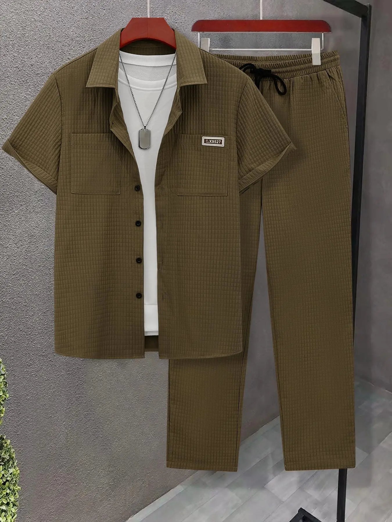 Men's Solid Color Shirt & Pants Set, Regular Fit Casual Comfy Short Sleeve Collared Top & Trousers for Daily Wear, Men's Two-piece for All Seasons
