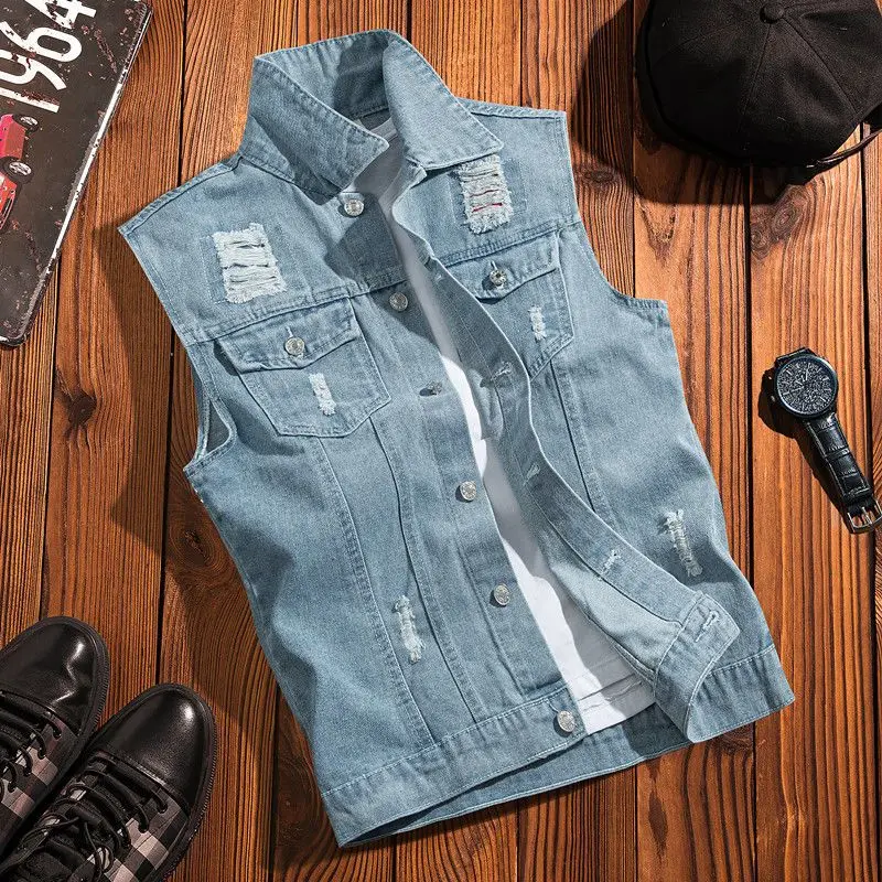Quần áo bảo hộ lao động retro phong cách Hồng Kông, áo vest denim nam, thanh thiếu niên, rộng rãi, giản dị, đường phố, Thương Hiệu Thời Trang , áo ba lỗ không tay, áo khoác 3