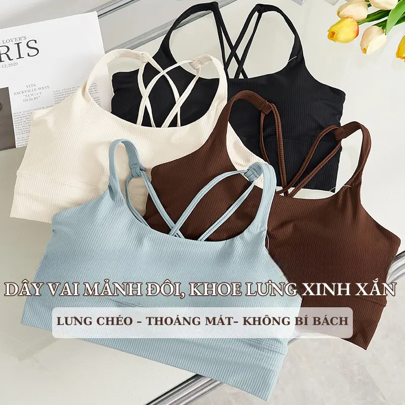 Áo Tập Gym Yoga Nữ, Áo Croptop Nữ Cotton Dây Đan Chéo Nhiều Màu, Áo 2 Dây Có Lót Ngực