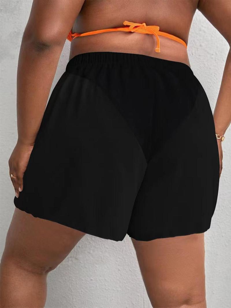 Product Introduction of Plus Size Plain Tassel Tie Front Elastic High Waist Shorts, Casual Swim Shorts for Summer, Women's Swimwear Bottoms for Beach Vacation Holiday 2