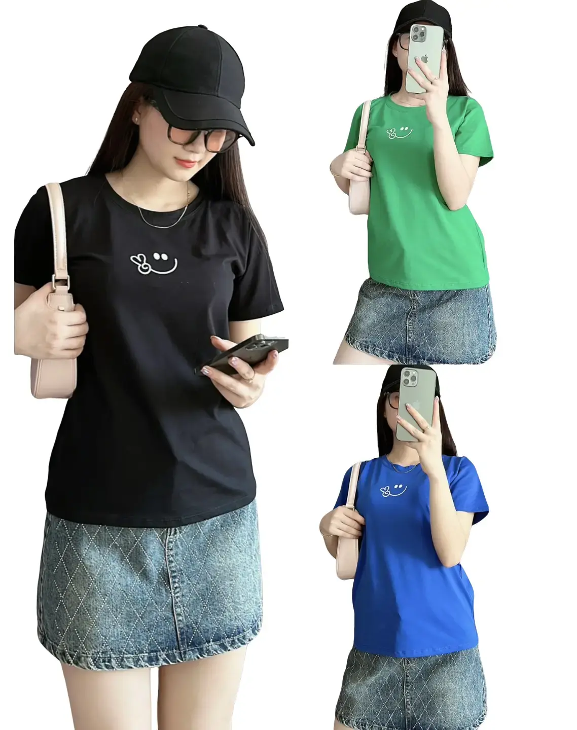 Xưởng May DOGA mẫu mới áo thun size SML in họa tiết mặt cười chất thun thái Xịn mềm mịn thoáng mát không xù lông,thấm hút mồ hôi mã 169 Top Nữ Women Cổ Tròn Đen