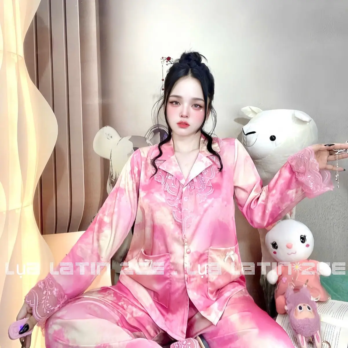 Tiểu thư ren bèo tay dài 2CE - Đồ bộ nữ mặc nhà xinh