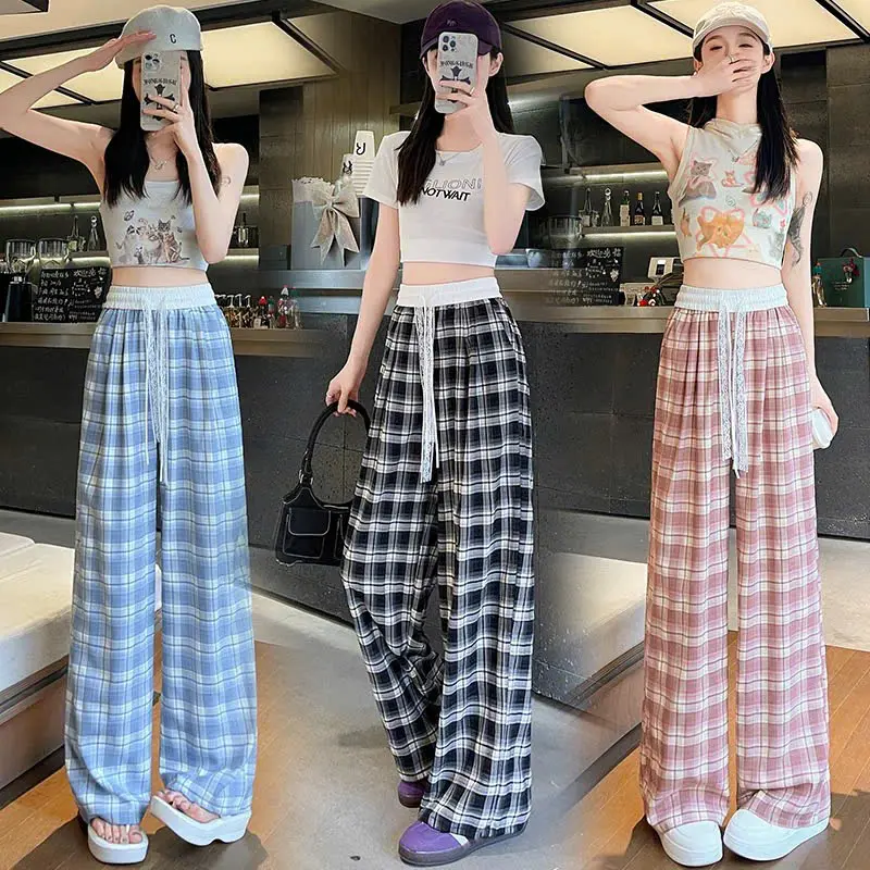 Quần Suông Nữ Kẻ Chất Lụa Non Nhật Mềm Mịn, Cạp Trắng Phối Dây Ren Nữ-Q286