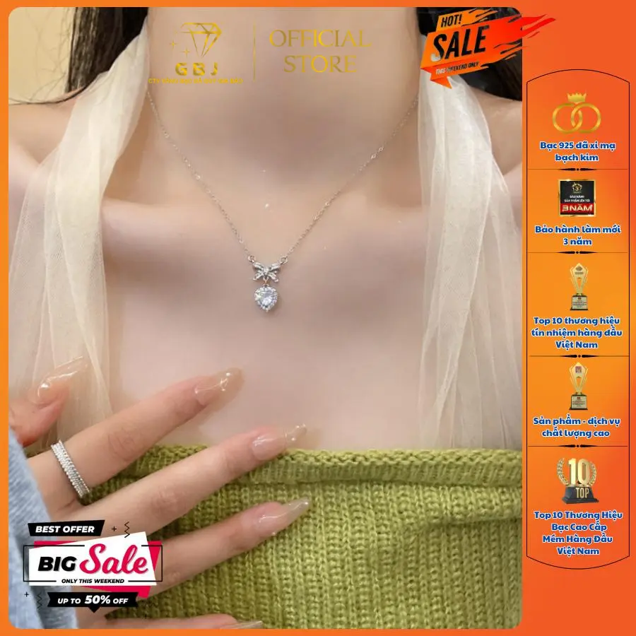 Dây Chuyền Bạc Liền Mặt Nơ Tim Viên Chủ Moissanite 5Li4 (4T5) XI KIM Ngọt Ngào Dành Cho Nữ GBJ768
