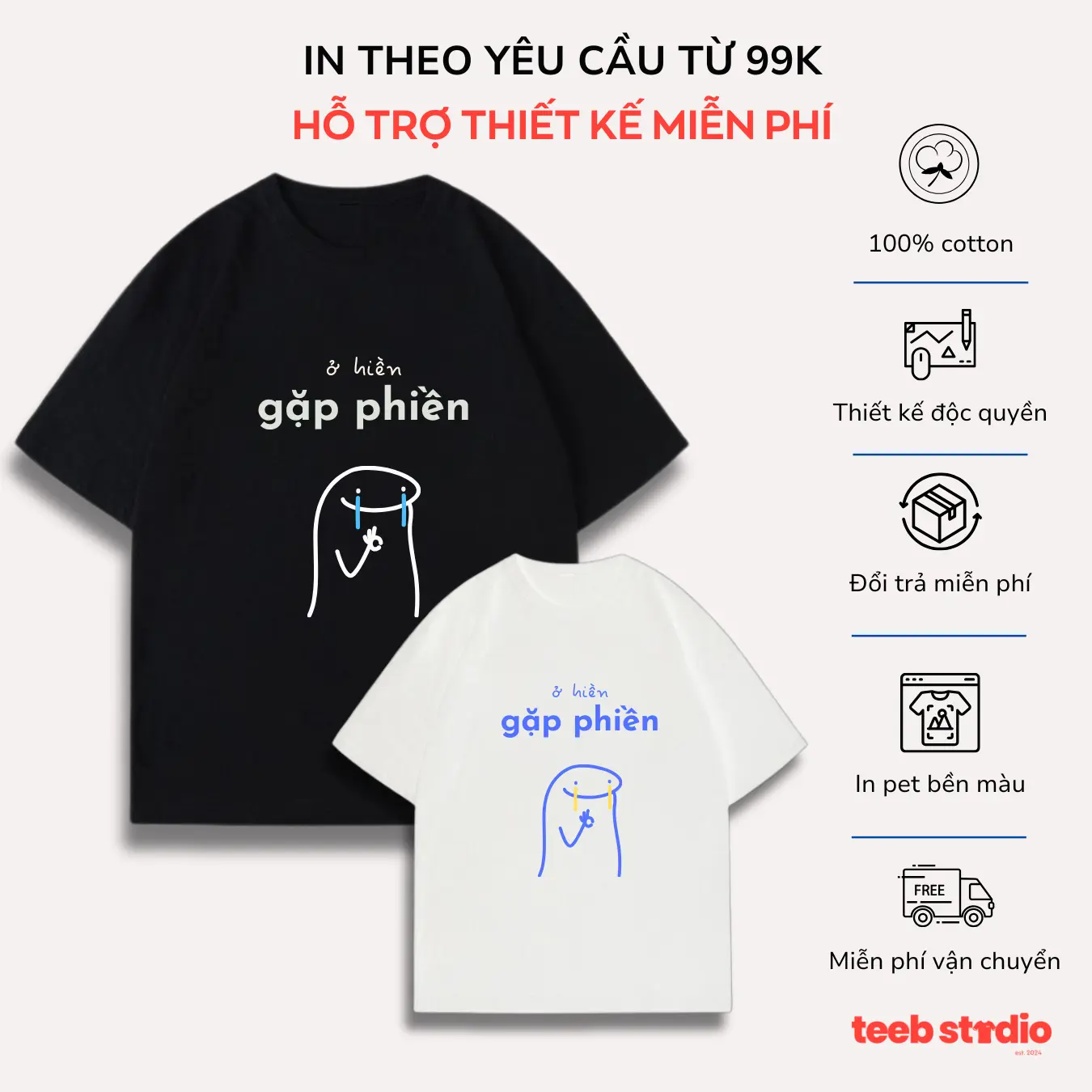Áo Thun Oversize Unisex TeeB Studio Ở Hiền Gặp Phiền Chất Liệu Poly Cotton - Màu Đen/Trắng