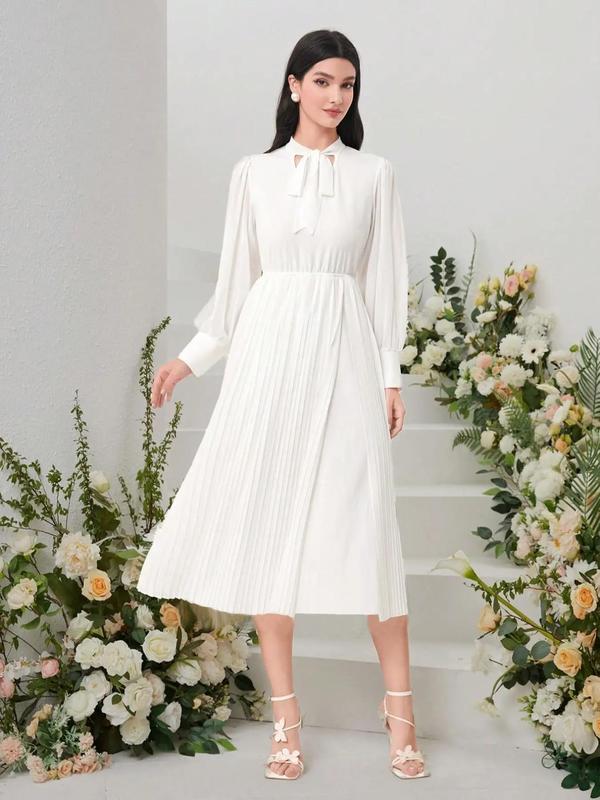 Women's Plain Pleated Tie Front Split A Line Dress Without Belt, Elegant Bishop Sleeve Tie Neck Midi Dress for Party Wedding Guest, Ladies Summer Clothes 3