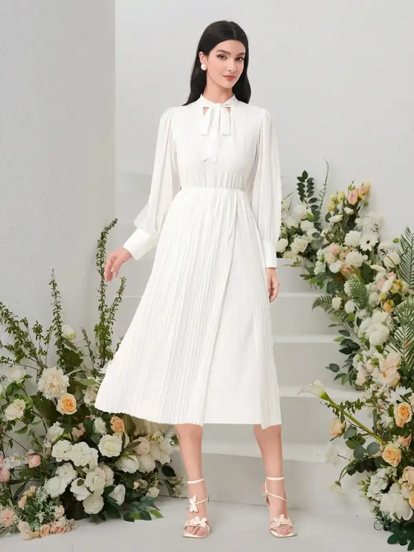 Women's Plain Pleated Tie Front Split A Line Dress Without Belt, Elegant Bishop Sleeve Tie Neck Midi Dress for Party Wedding Guest, Ladies Summer Clothes 3