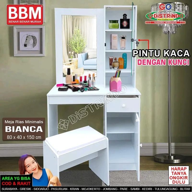 Meja Rias Minimalis Pintu Kaca ada Kunci Komplit Kursi tempat duduk Laci Lemari 1