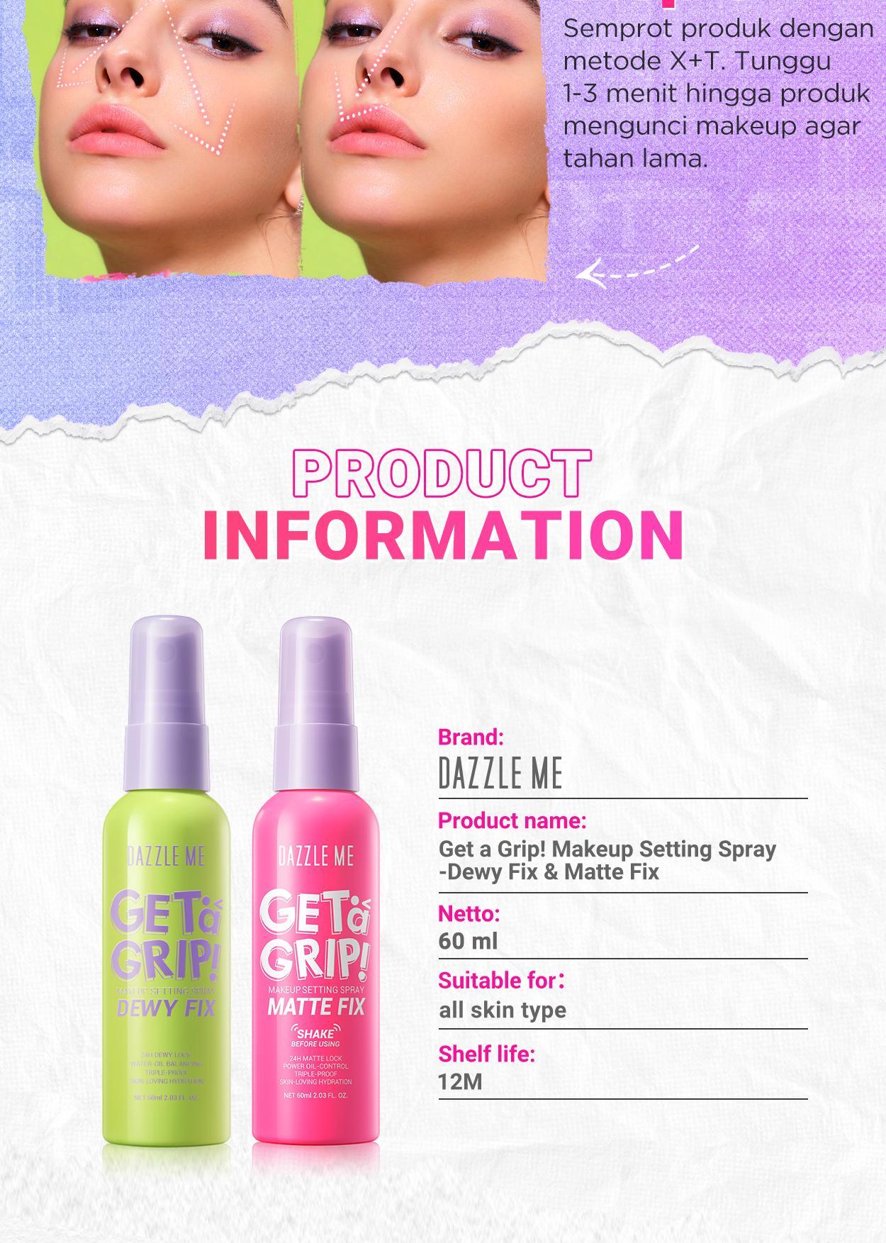 DAZZLE ME Get a Grip! Makeup Setting Spray Dewy Fix Prime Set Anti Pollution Setting Spray Beauty Protecting 4 X Hydrating Makeup Mist Flawless Lightening Primer Water Tahan 24 JAM