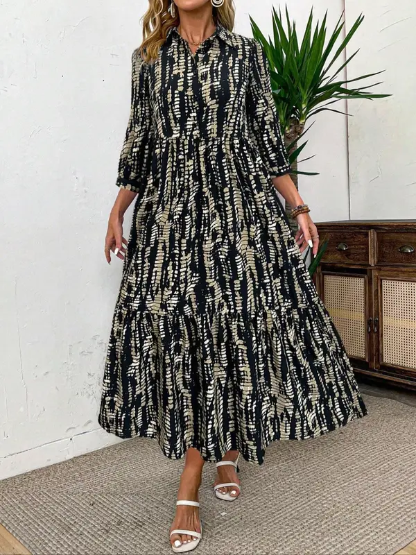 Women's All Over Print Collared 3/4 Sleeve Dress, Elegant Casual Fashion Long Dress for Daily Outdoor Wear, Women Dress for Spring & Fall, Holiday Dresses, Womenswear 4