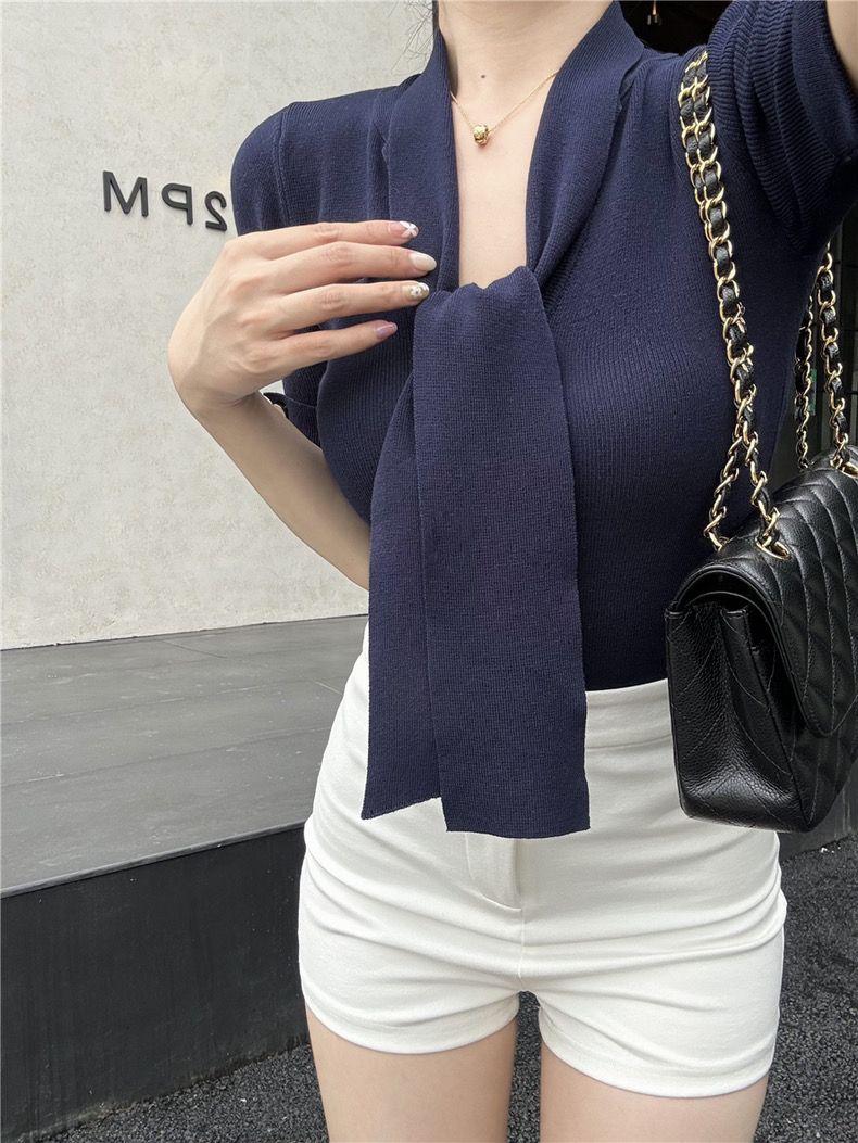 Product Introduction of CQ-Korean Style Ribbon  Short-Sleeved Knitted T-shirt Women's Summer Waist Elegant Slightly Mature Style Chic Blue Top SS24 [1470] 7