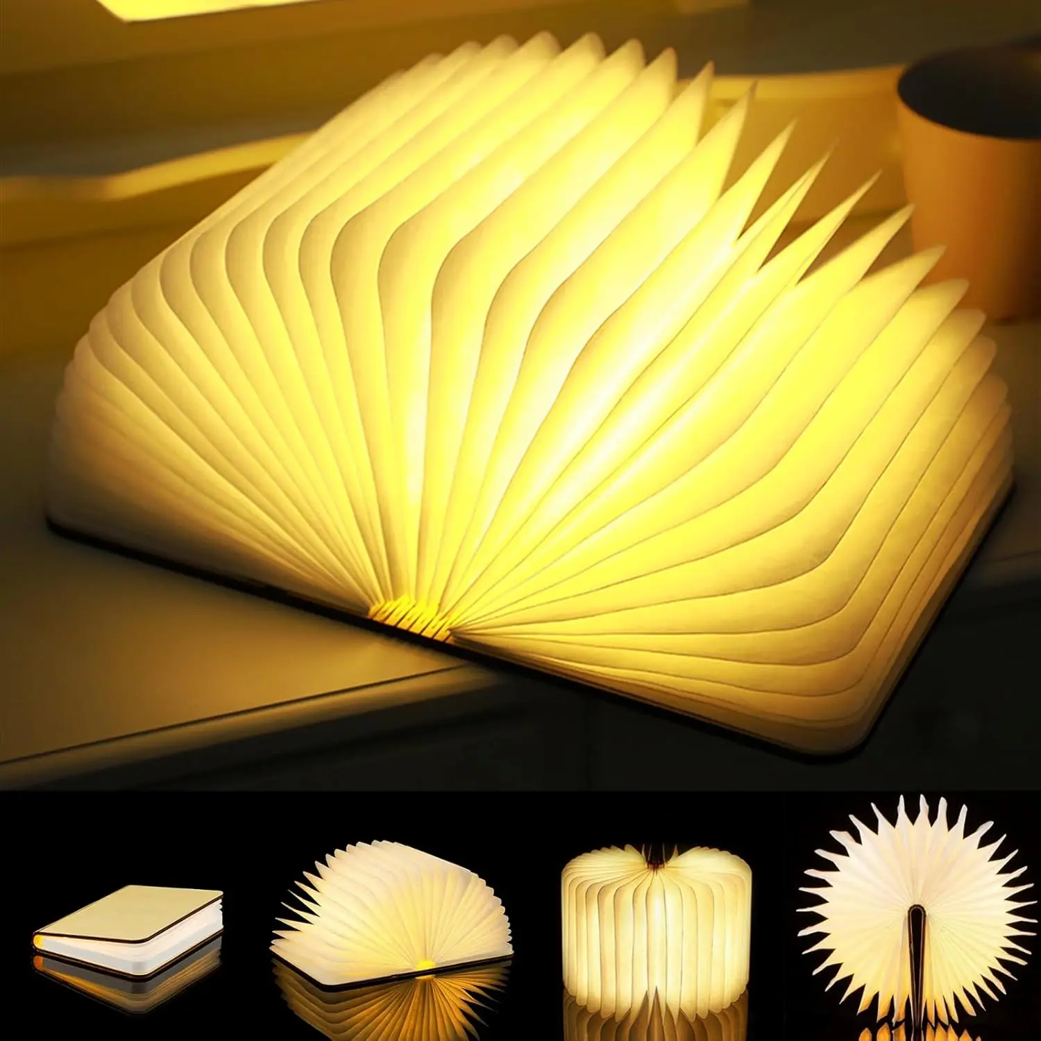 Wooden Book Design Table Lamp, USB Rechargeable 3 Color Folding Book Light, LED Ambient Lighting, Magnetic Mood Lighting for Home & Library Decor