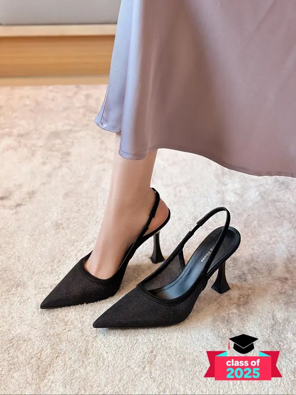 Women's Solid Color Pointed Toe High Heel Shoes, Elegant Fashionable Black Heels for Party, Daily Clothing Decor, Back Empty Versatile Shoes for Women, Footwear 0
