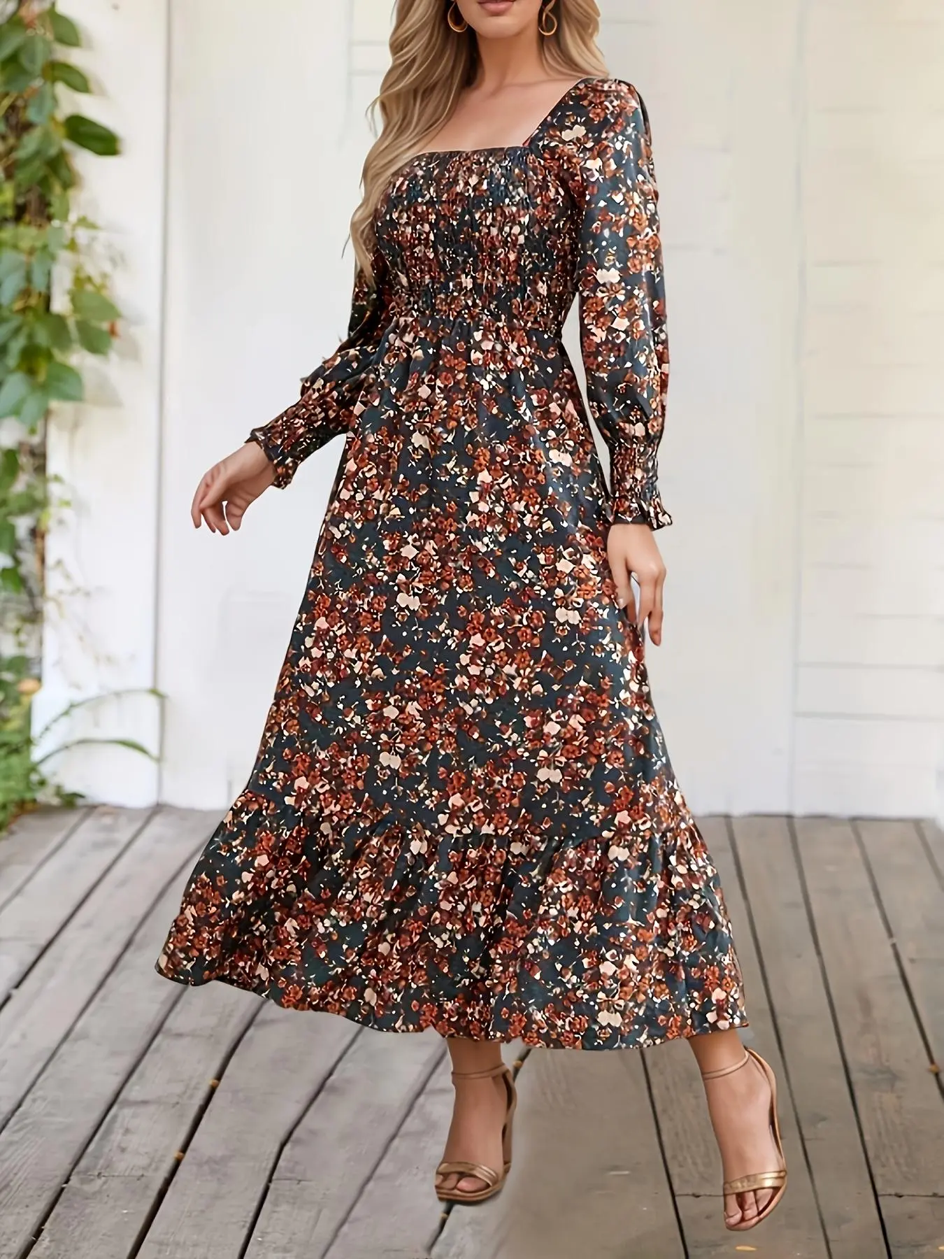 Women's Ditsy Floral Print Dress, Elegant Long  Sleeve Long Dress for Spring, Ladies Clothes for Holiday Vacation Daily Wear