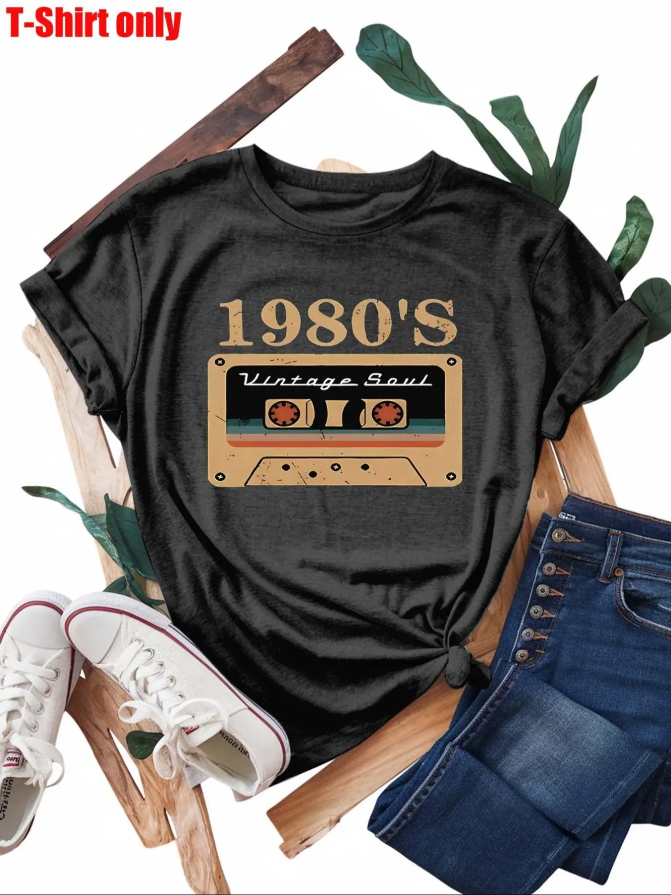 【Plus Size】Cassette Tape Print Round Neck Tee, Vintage Casual Short Sleeve T-shirt for Daily Wear, Women Plus Clothing for Summer