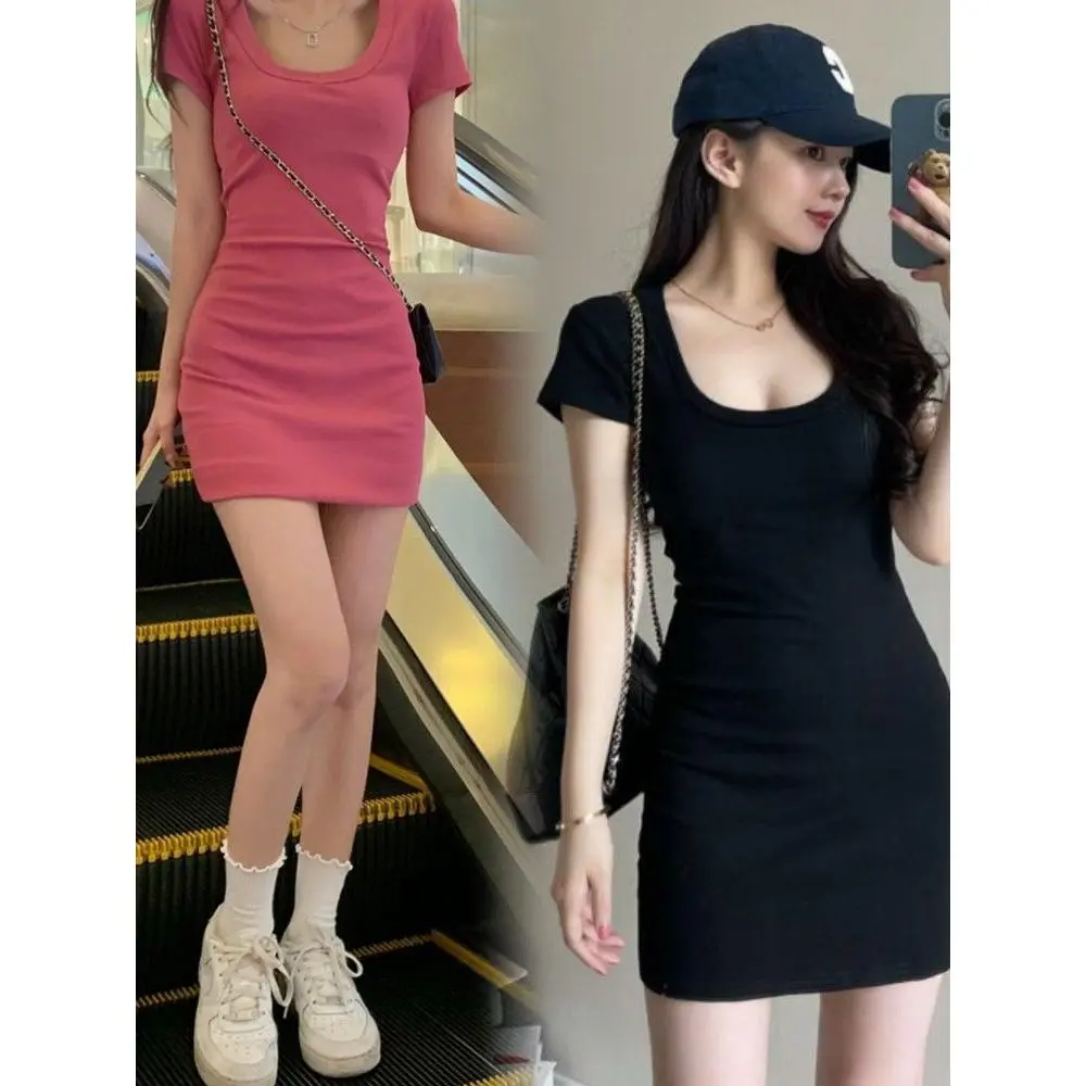 2025 Internet Celebrity Same Style round-Neck Long T-shirt Skirt Women's Summer Slimming Waist Hip Skirt Dress