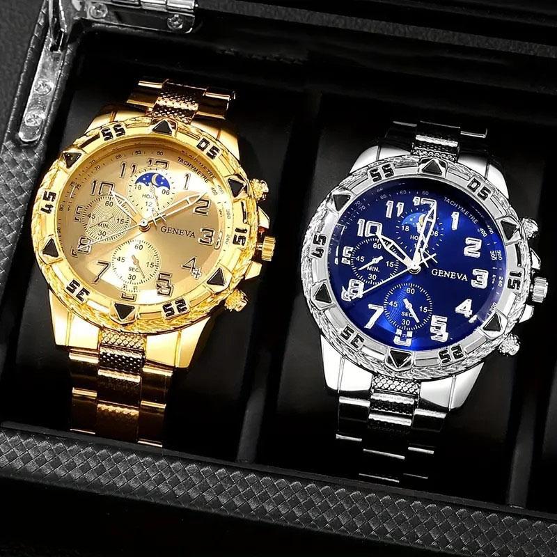 Product Introduction of 4PCS Fashion Sliver Men'S Watches Set With Watch Adjuster Men'S Watch Bracelet ,Ring And Necklace, Stainless Steel Strap, Circular Dial, No Box, Simple Design 2