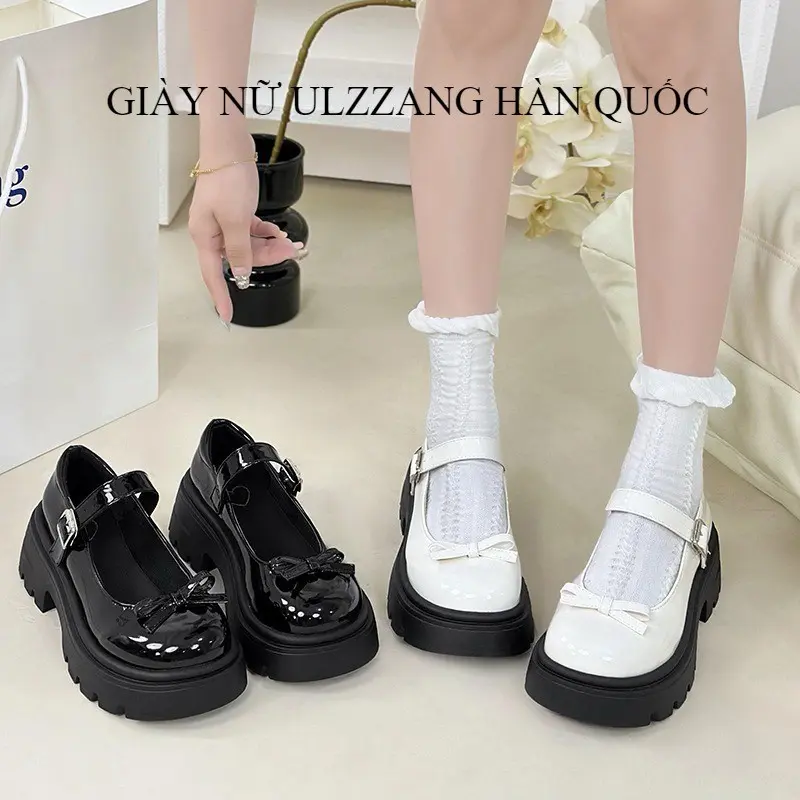 Giày lolita nữ - ĐÍNH NƠ - đen trắng đế đốc cao 5cm Len