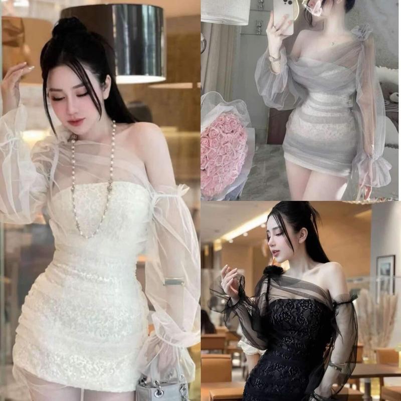   Có bigsize  Đầm ôm body ren trễ vai phối lưới tay dài phong cách sexy +Kèm lót quần bảo hộ 