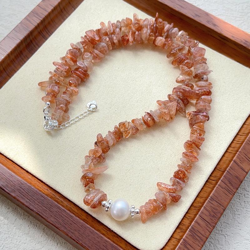 Natural crystal jewelry, gravel-shaped gold strawberry crystals, freshwater pearl bracelet, clavicle chain, sweater chain 0