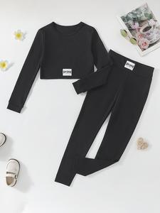 Two-piece Set Girl's Solid Patched Sweatshirt & Pants Set, Casual Round Neck Long Sleeve Pullover & Trousers for Spring & Fall,  Clean Girl Outfit, Kids Clothes for Daily Wear
