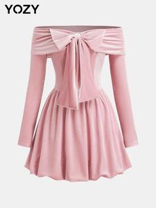 YOZY Women's Off The Shoulder Ruched Bow Decor Velvet Dress, Elegant Long Sleeve A Line Dress for Party Holiday Wedding Guest, Ladies Spring & Fall Clothes