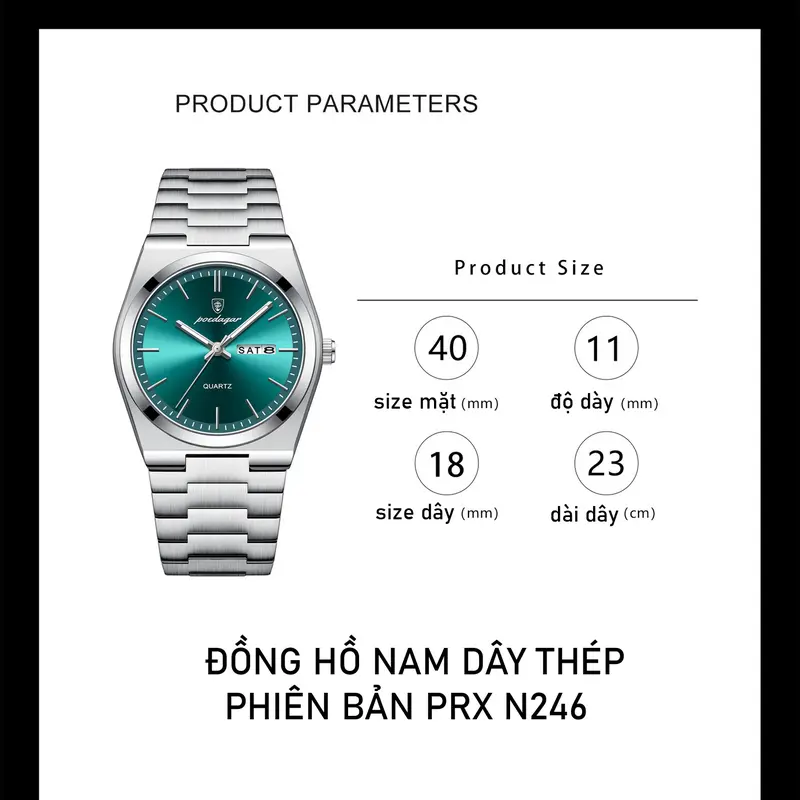 Đồng hồ nam dây thép đúc PRX N246 mặt xanh sang trọng lịch thứ ngày tự động chống nước sinh hoạt 3ATM mặt kính mineral bảo hành 24 tháng watch men 7