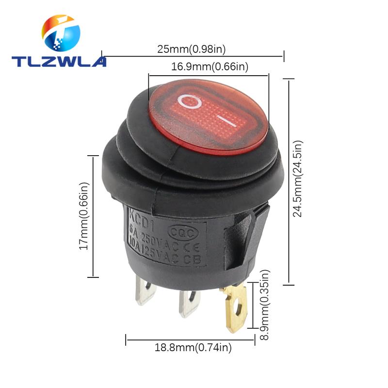 Product Introduction of 1PCS On Off Waterproof Vehicle Boat Switch Round Switch SPST 3Pin Rocker Switch 6A 10A 250V 125V AC LED 2
