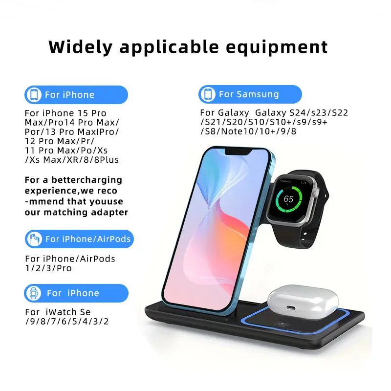 3 in 1 Wireless Fast Charging Stand, 15W Wireless Intelligent Identification Charger, Foldable Storage Travel Charger for Desktop Office Business Trip 8