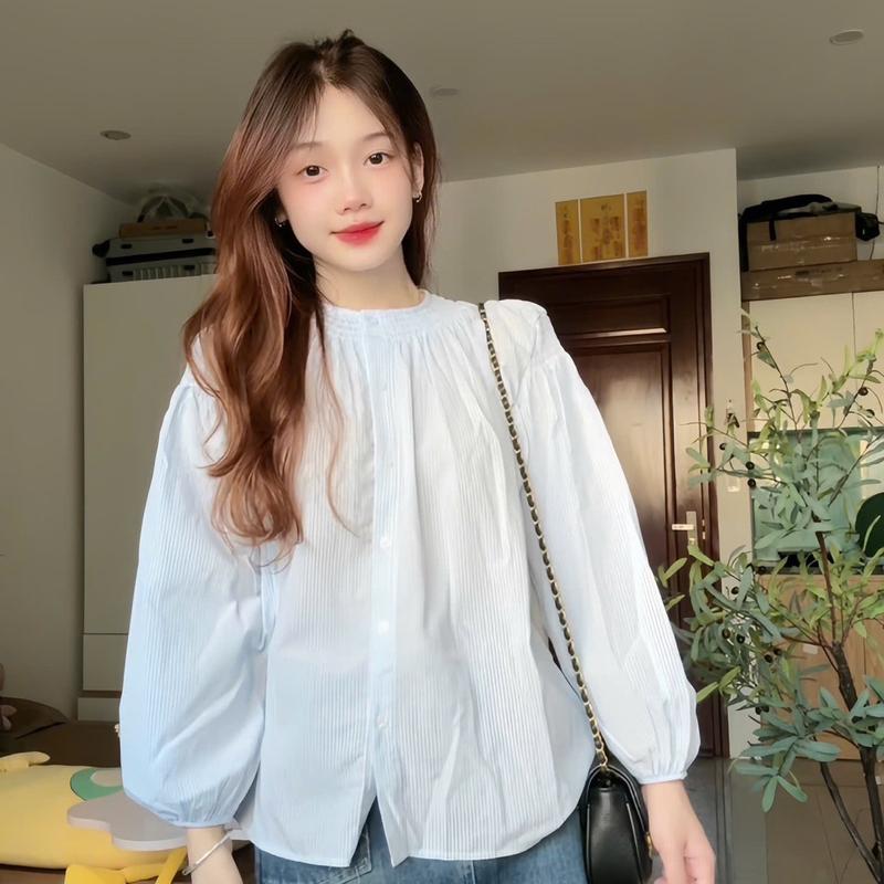 Áo Sơ Mi Kẻ Sọc Dáng BaByDoll Rộng Nữ “CHUU” Áo Kiểu Cổ Tàu Babydoll Big Size