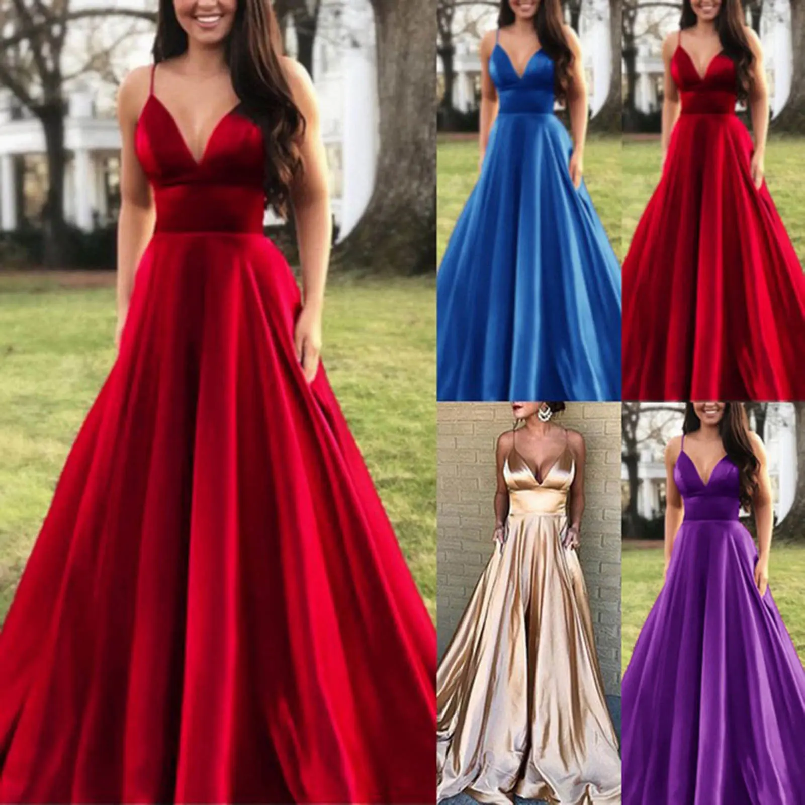 [LOY] Sling Dress High Waist V Neck All-match Adjustable Strap Party Dress for Banquet