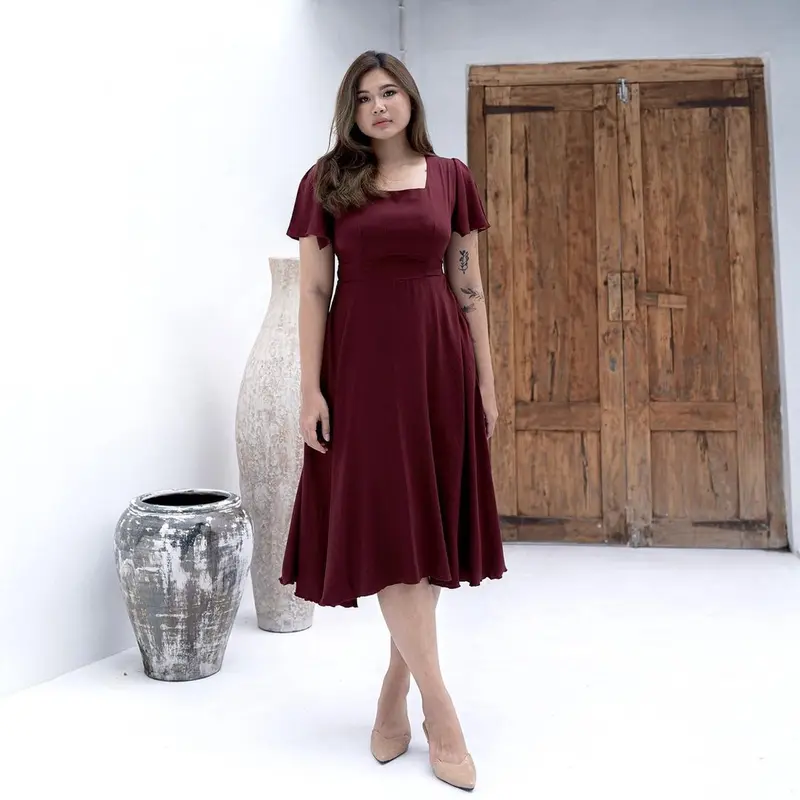 Jesika dress//dress leher kotak dress midi wanita polos Manis 0