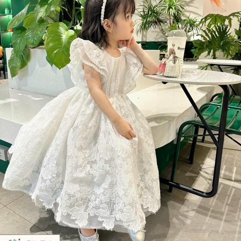 Váy trắng công chúa DL48 - Váy cho bé thiết kế chất ren chỉ mềm mịn size 8-35kg - Diệu Linh Shop Kids